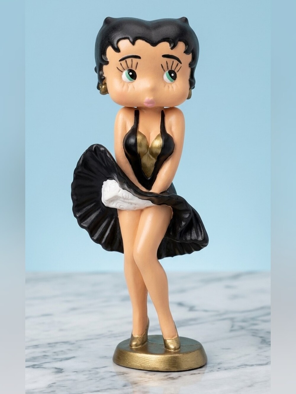 Vintage Betty Boop Figurine Black & Gold Dress Wind Blowing Pose